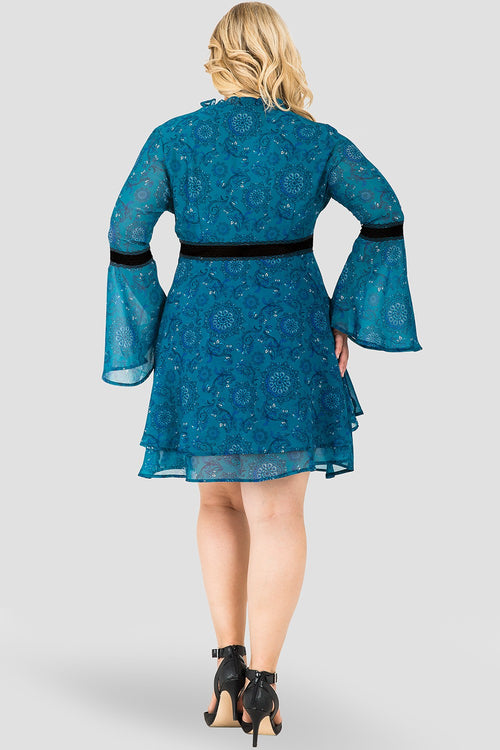 Plus Size Standards & Practices Etsy Wrap Over Flared Sleeves Tiered Skirt with Velvet Trim Dress-BACK