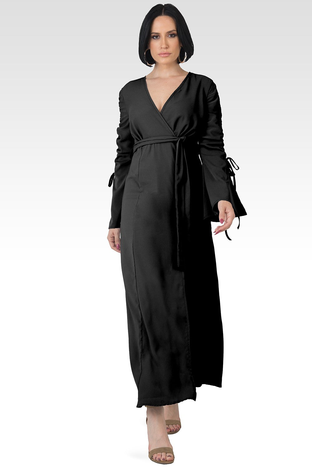 Standards & Practices Violeta Ruched-Sleeve Wrap Maxi Dress, Black, Medium