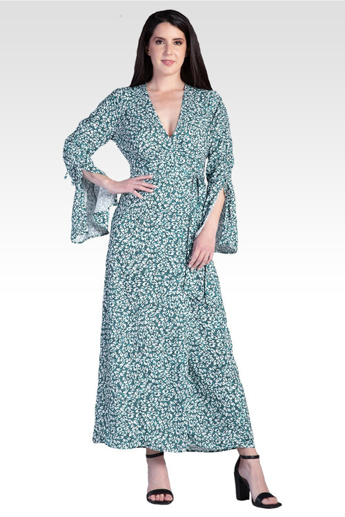 Violeta Leopard Print Ruched Sleeves Wrap Maxi Dress