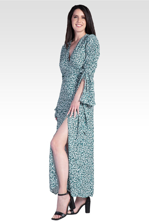 Violeta Leopard Print Ruched Sleeves Wrap Maxi Dress