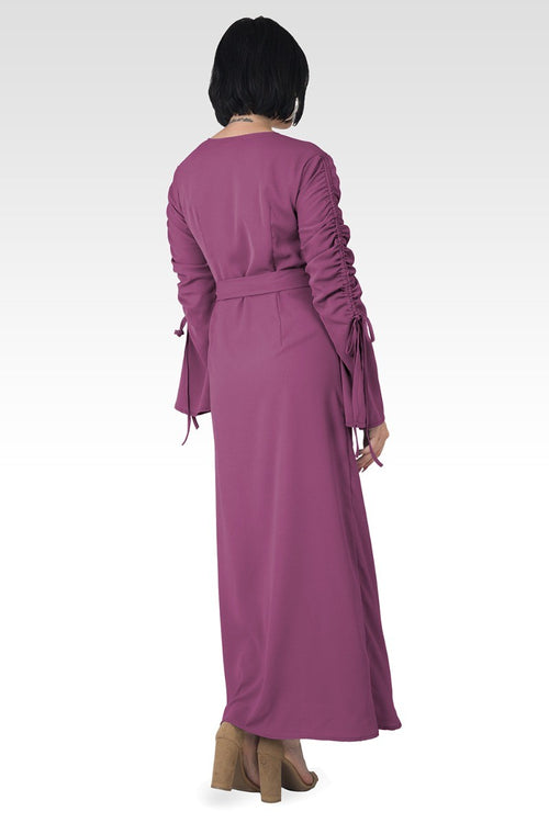 Violeta Solid Raspberry Ruched Sleeves Wrap Maxi Dress