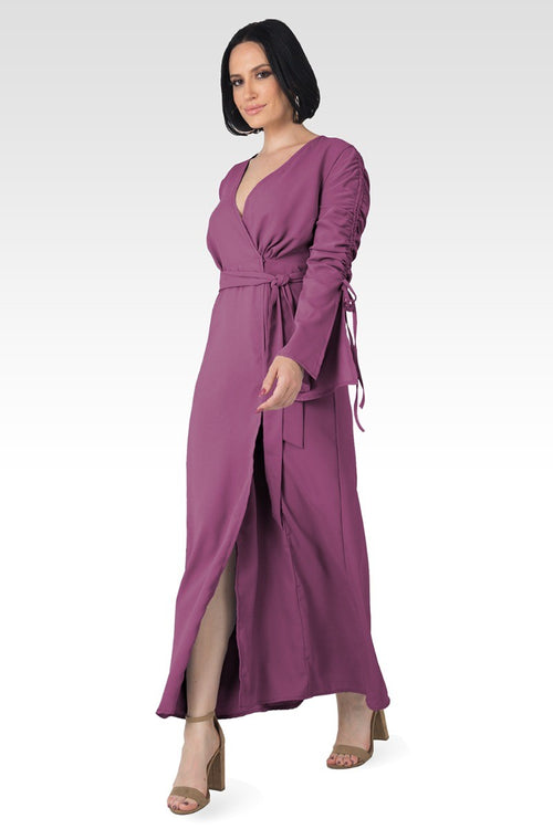 Violeta Solid Raspberry Ruched Sleeves Wrap Maxi Dress