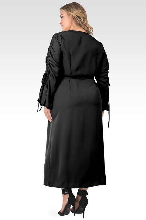 Plus Size Violeta Solid Black Ruched Sleeves Wrap Maxi Dress