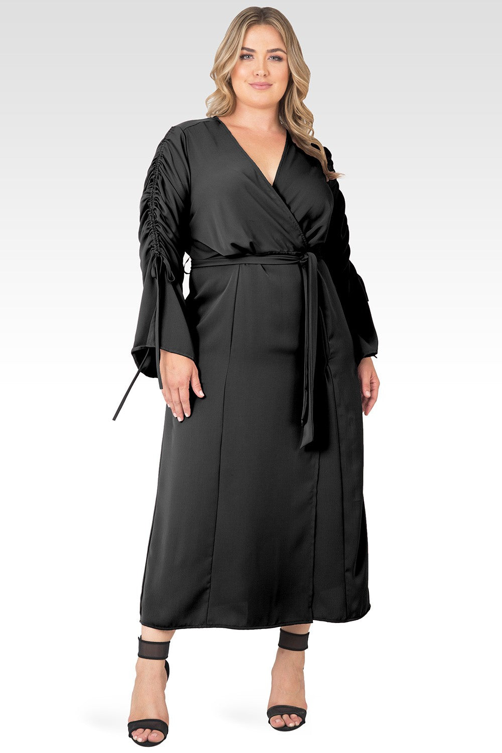 Standards & Practices Plus Size Ruched Long Sleeve Wrap Dress Maxi Length - Black