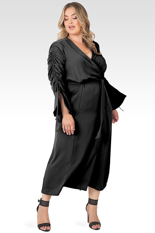 Plus Size Violeta Solid Black Ruched Sleeves Wrap Maxi Dress