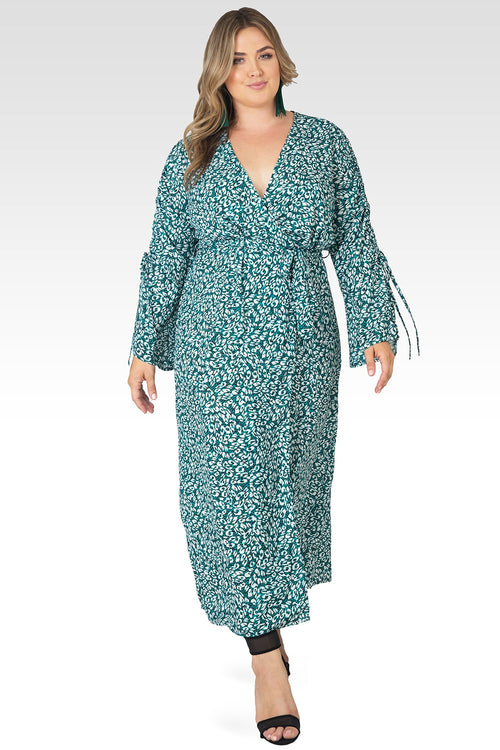Plus Size Violeta Leopard Print Ruched Sleeves Wrap Maxi Dress