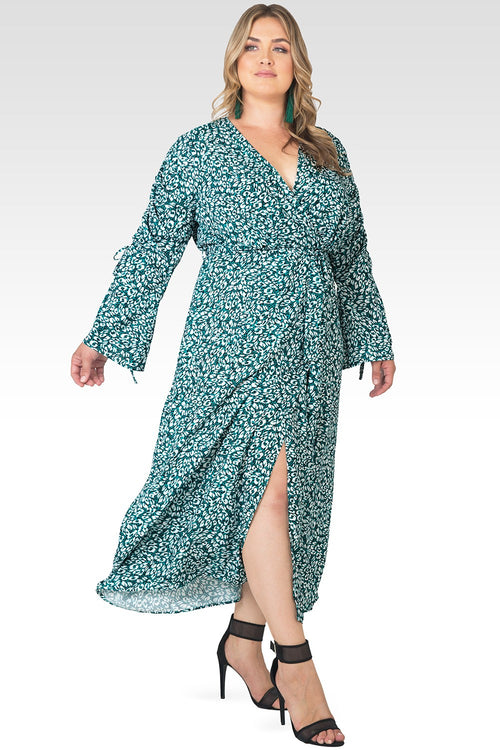 Plus Size Violeta Leopard Print Ruched Sleeves Wrap Maxi Dress