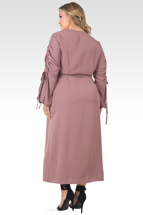Plus Size Violeta Solid Raspberry Ruched Sleeves Wrap Maxi Dress
