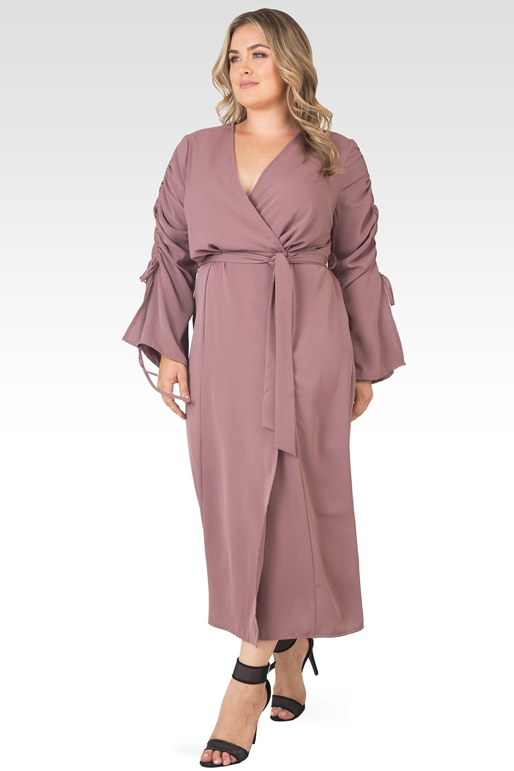 long sleeve maxi wrap dress plus size Standards & Practices Plus Size Ruched Long Sleeve Wrap Dress Maxi Length