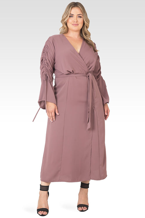 Plus Size Violeta Solid Raspberry Ruched Sleeves Wrap Maxi Dress