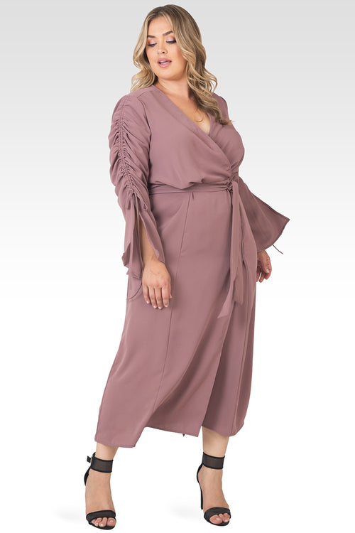 Plus Size Violeta Solid Raspberry Ruched Sleeves Wrap Maxi Dress