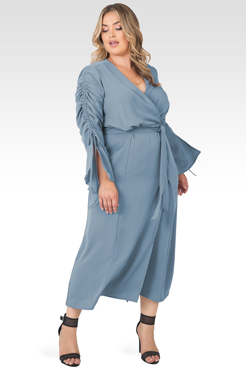 Plus Size Violeta Solid Slate Ruched Sleeves Wrap Maxi Dress
