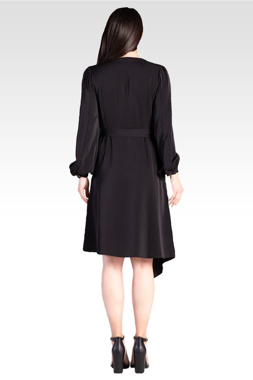 Natalia Solid Button-Up Wrap Lantern Sleeve Dress - Black