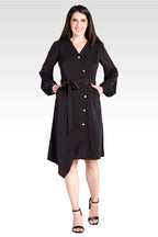 Natalia Solid Button-Up Wrap Lantern Sleeve Dress - Black