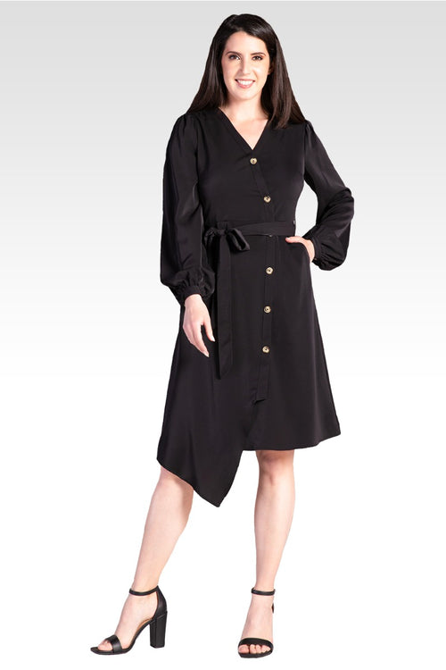 Natalia Solid Button-Up Wrap Lantern Sleeve Dress - Black