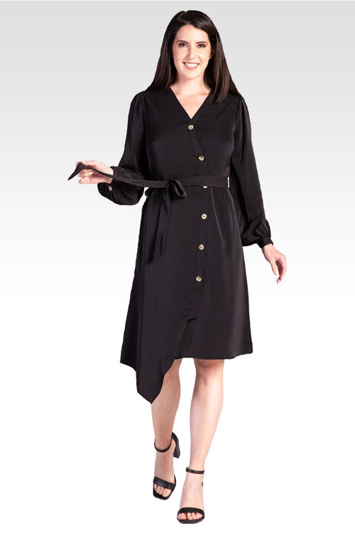 Natalia Solid Button-Up Wrap Lantern Sleeve Dress - Black