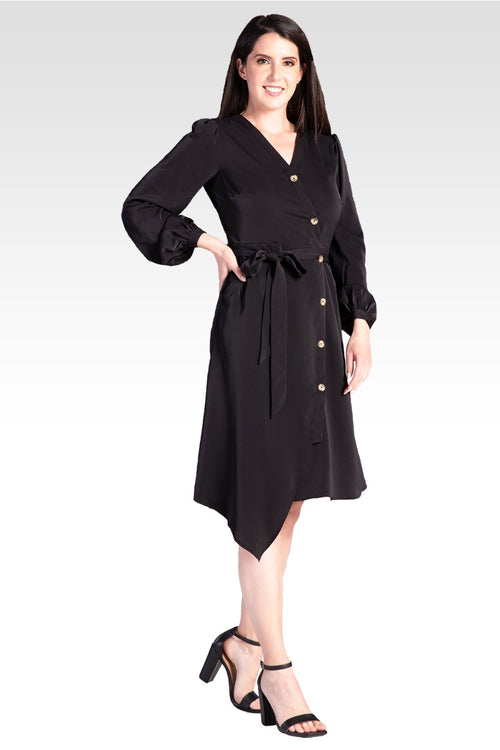 Natalia Solid Button-Up Wrap Lantern Sleeve Dress - Black