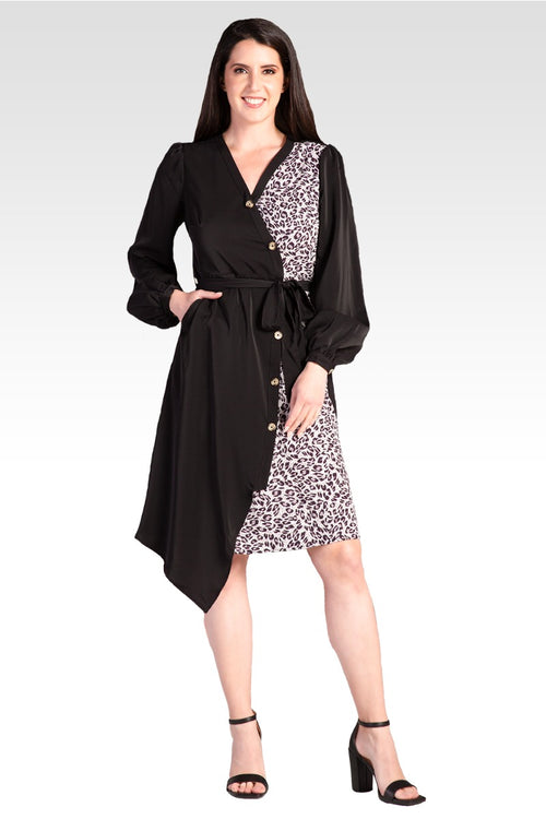 Natalia Black and Leopard Print Button-up Wrap Dress