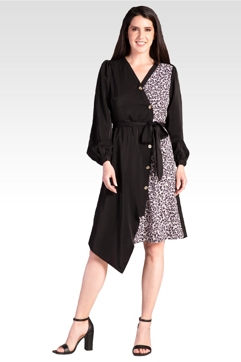 Standards & Practices Black and Leopard Print Asymmetrical Hem Button-Up Wrap Dress