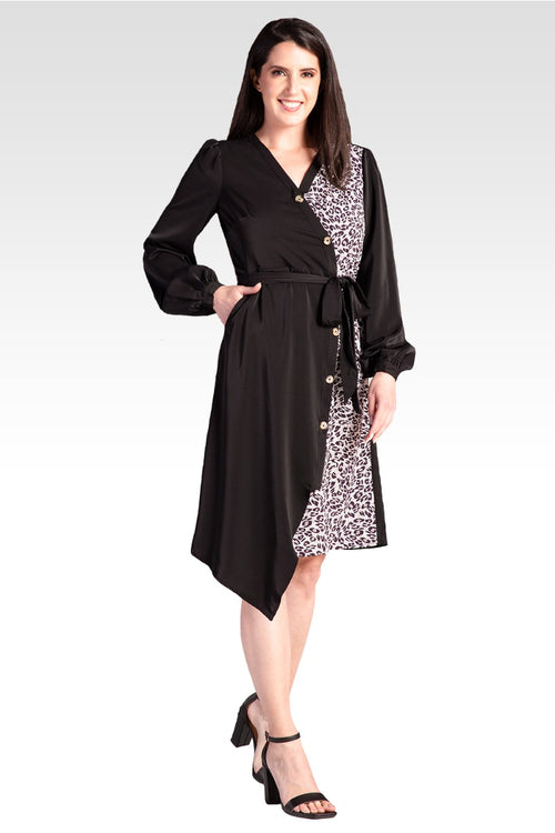 Natalia Black and Leopard Print Button-up Wrap Dress