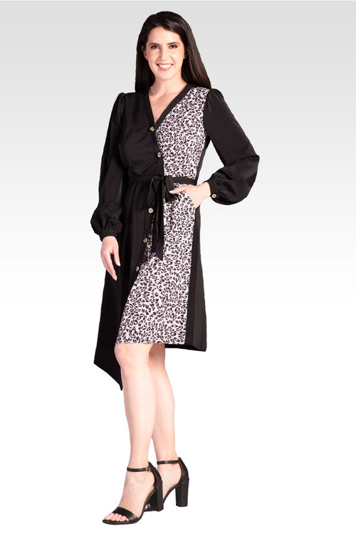 Natalia Black and Leopard Print Button-up Wrap Dress