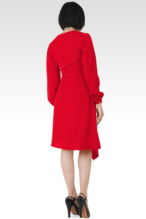 Natalia Solid Button-Up Wrap Lantern Sleeve Dress - Cherry