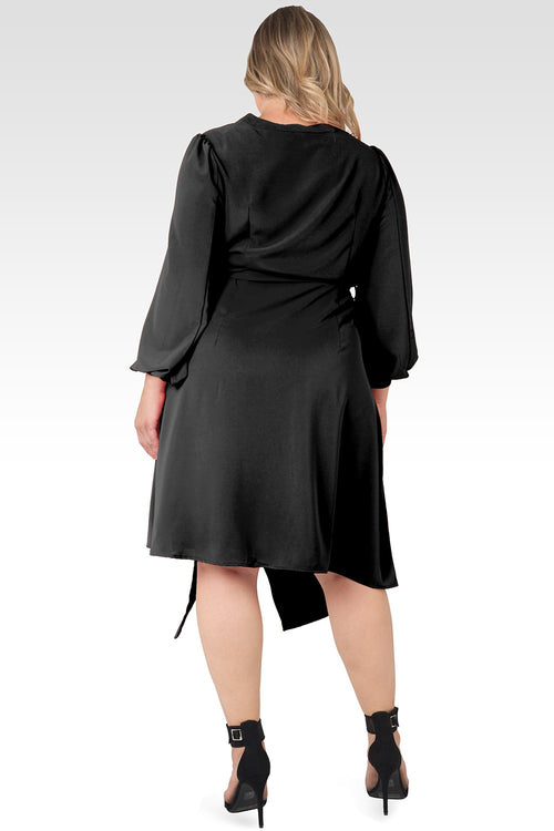 Plus Size Natalia Solid Button-Up Wrap Lantern Sleeve Dress-BLACK