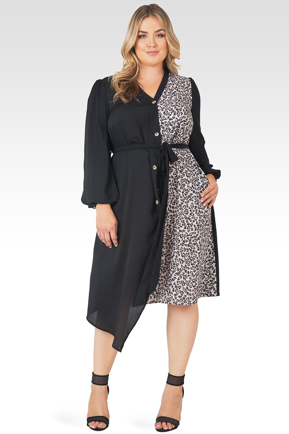 Standards & Practices Plus Size Asymmetrical Hem Button-Up Wrap Lantern Sleeve Dress