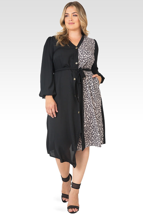 Plus Size Natalia Black And Leopard Print Button-up Wrap Dress