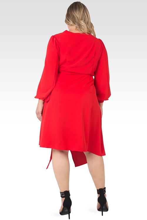 Plus Size Natalia Solid Button-Up Wrap Lantern Sleeve Dress-Cherry
