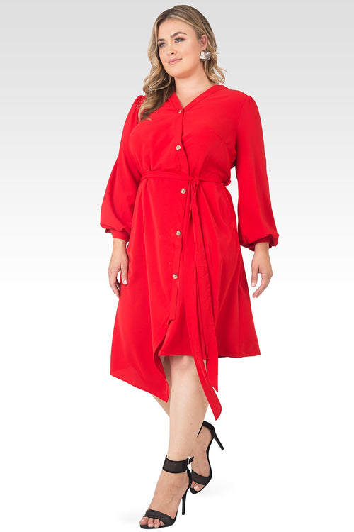Plus Size Natalia Solid Button-Up Wrap Lantern Sleeve Dress-Cherry