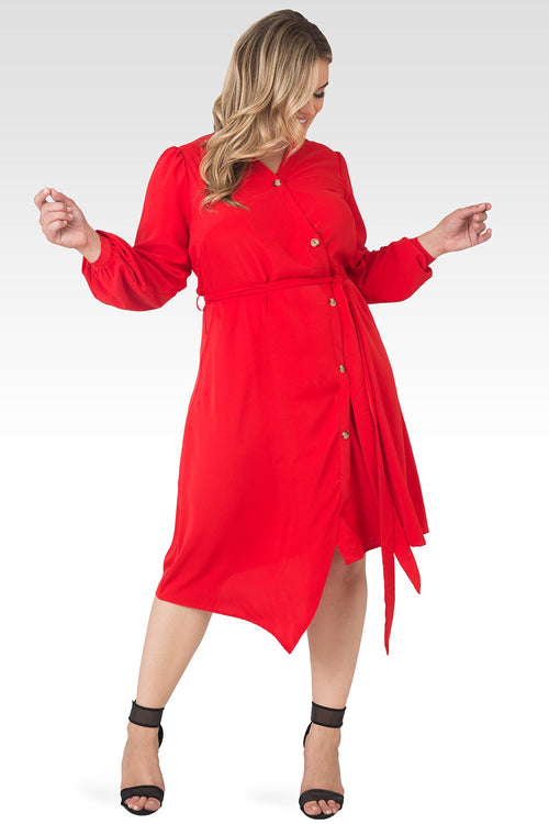 Plus Size Natalia Solid Button-Up Wrap Lantern Sleeve Dress-Cherry