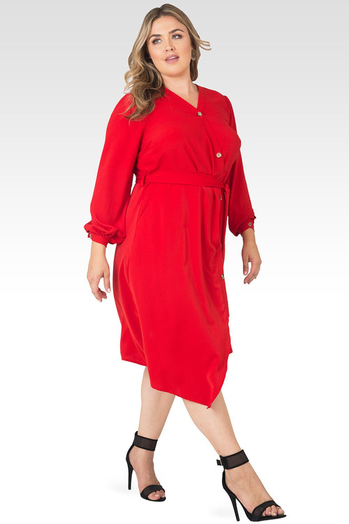 Plus Size Natalia Solid Button-Up Wrap Lantern Sleeve Dress-Cherry