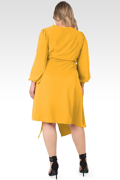 Plus Size Natalia Solid Button-Up Wrap Lantern Sleeve Dress-Ginger