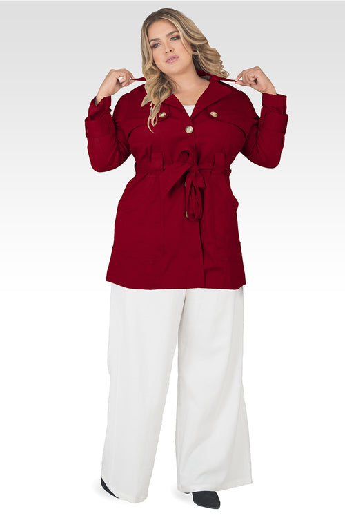 Plus Size Melanie Cherry Red Khaki Lapel Trench Coat-3
