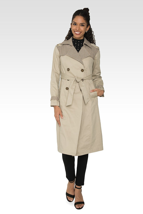 Standards & Practices Women's Khaki Plaid Long Trench Coat-4