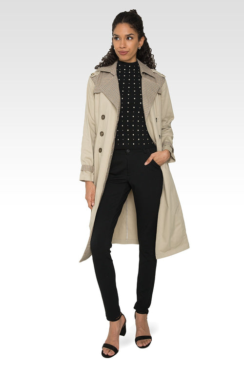 Standards & Practices Women's Khaki Plaid Long Trench Coat-3