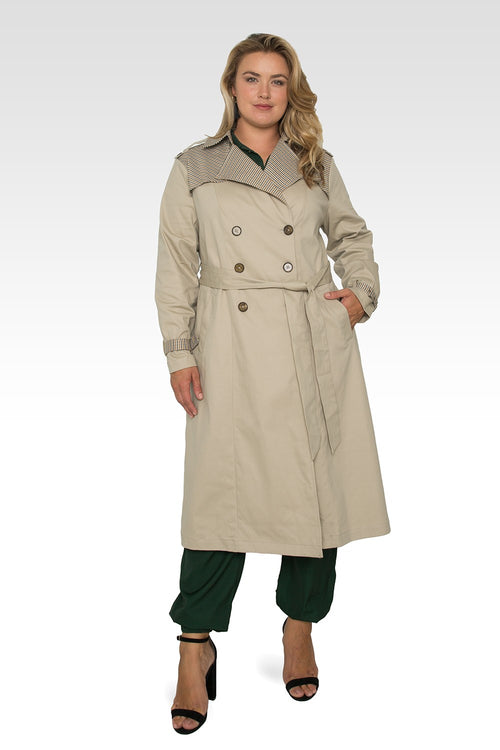 Standards & Practices Plus Size Women's Khaki & Plaid Long Trench Coat-4
