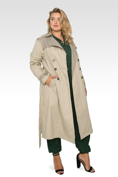 Standards & Practices Plus Size Women's Khaki & Plaid Long Trench Coat-3