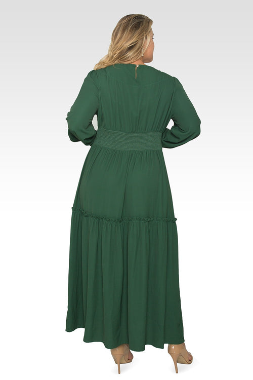 Standards & Practices Plus Size Women's Green Smocked Waist Long Sleeve Maxi Dress-2
