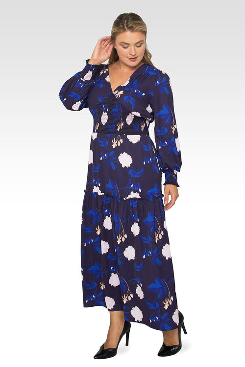 Standards & Practices Plus Size Women's Floral-Print Smocked Waist Long Sleeve Maxi Dress-1