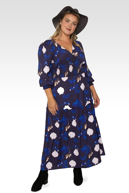 Standards & Practices Plus Size Women's Floral-Print Smocked Waist Long Sleeve Maxi Dress-4