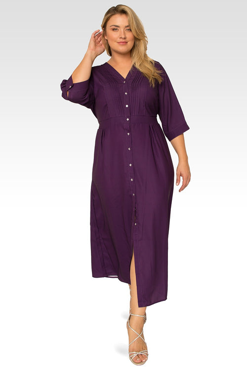 Standards & Practices Plus Size Women's Deep Purple Pintuck Cuffed Short Sleeve Maxi Dress-4
