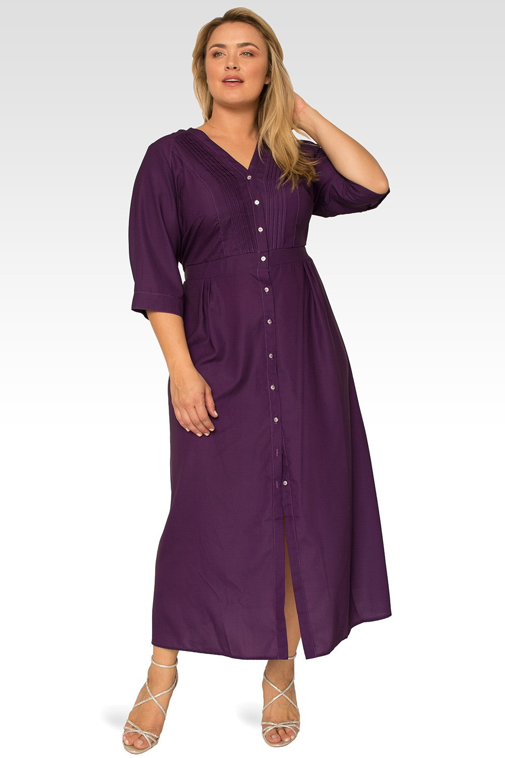 Standards & Practices Plus Size Women's Deep Purple Pintuck Cuffed Short Sleeve Maxi Dress