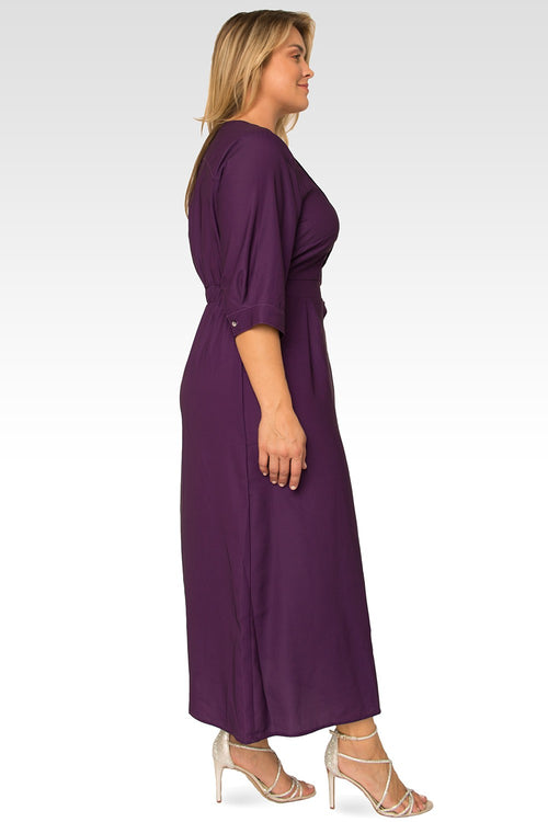 Standards & Practices Plus Size Women's Deep Purple Pintuck Cuffed Short Sleeve Maxi Dress-3