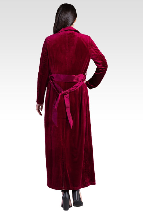 Freya Deep Red Stretch Velvet Wrap Midi Coat Dress With Satin Lapel And Satin Belt