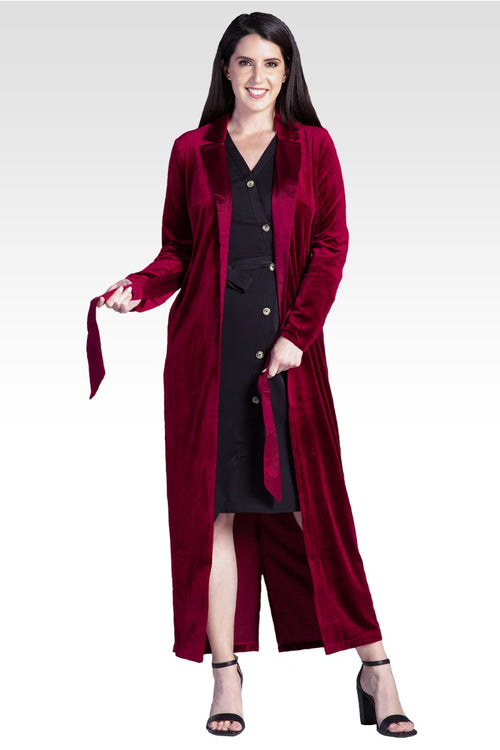 Freya Deep Red Stretch Velvet Wrap Midi Coat Dress With Satin Lapel And Satin Belt