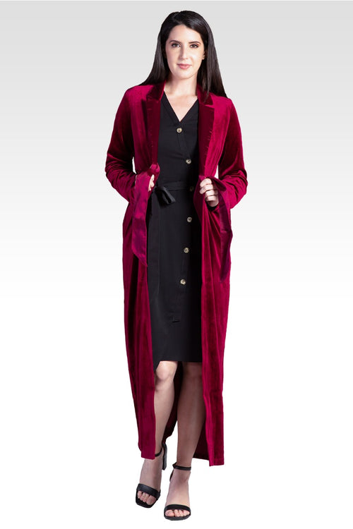 Freya Deep Red Stretch Velvet Wrap Midi Coat Dress With Satin Lapel And Satin Belt