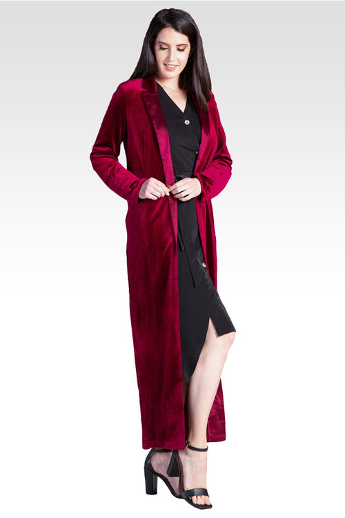 Freya Deep Red Stretch Velvet Wrap Midi Coat Dress With Satin Lapel And Satin Belt