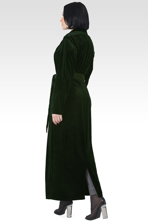 Freya Green Stretch Velvet Wrap Midi Coat Dress With Satin Lapel And Satin Belt